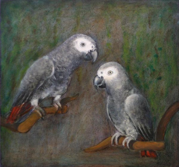 Sydänystävät  <br>	Öljy vanerille, 2006 	46cm x 43,5cm