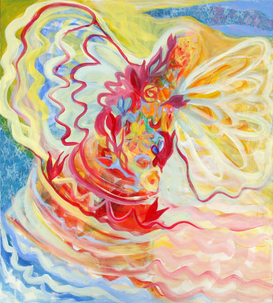 Lumienkeli ja menneen kesän kukkapenkki  <br>akryyli 2010, 90x100cm