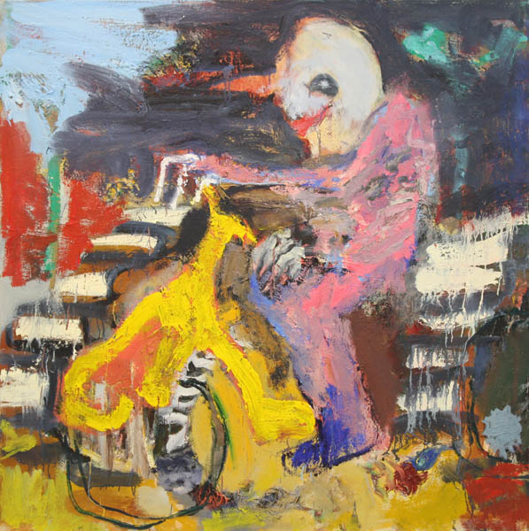 Herrat haaveilevat isoista koneista  <br>	öljy 2012, 116x116cm