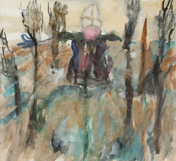 Sarjasta Haittaeläintorjuntamenetelmien koepuisto<br>  akvarelli 2013